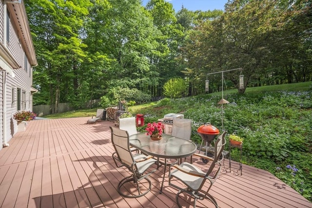 424 Sudbury St, Marlborough, MA 01752 - deck featuring outdoor dining space, view of wooded area, and a grill