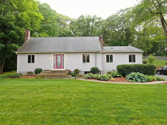 424 Sudbury St, Marlborough, MA 01752 - ranch-style home featuring a chimney, a front lawn, and view of wooded area