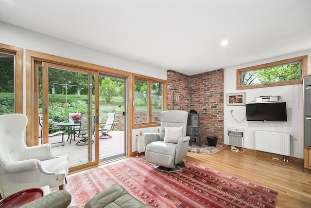 424 Sudbury St, Marlborough, MA 01752 - living area featuring radiator heating unit, a wood stove, wood finished floors, and heating unit