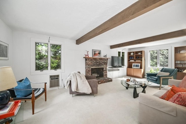 424 Sudbury St, Marlborough, MA 01752 - living room featuring carpet, a brick fireplace, beam ceiling, and a wall mounted air conditioner