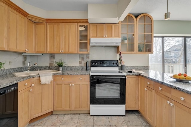 kitchen with under cabinet range hood, a sink, black dishwasher, marble finish floor, and electric range oven