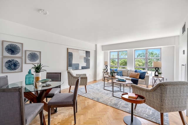 living room with light parquet floors