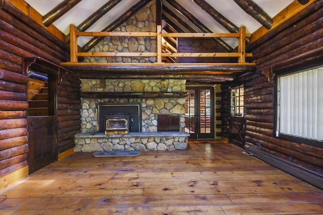 135 Pine St, Rochester, MA 02770 - unfurnished living room featuring beamed ceiling, high vaulted ceiling, wood-type flooring, and log walls