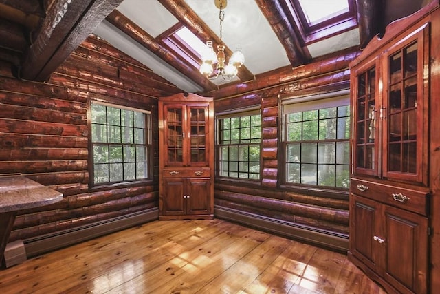 135 Pine St, Rochester, MA 02770 - unfurnished office featuring log walls, a chandelier, hardwood / wood-style flooring, and a baseboard radiator