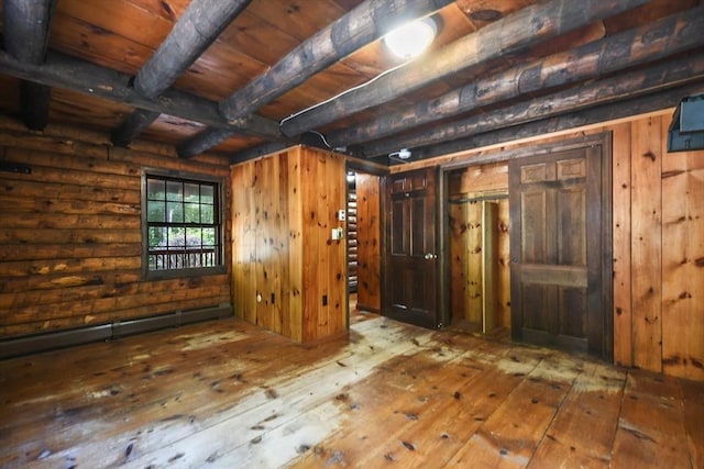 135 Pine St, Rochester, MA 02770 - unfurnished room with hardwood / wood-style flooring, a wood ceiling with exposed beams, a baseboard heating unit, and wooden walls