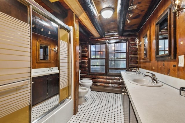 135 Pine St, Rochester, MA 02770 - bathroom with a bidet, double vanity, rustic walls, wooden walls, and a shower with door