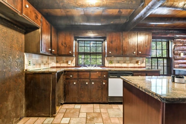 135 Pine St, Rochester, MA 02770 - kitchen featuring dishwasher, plenty of natural light, light stone finish flooring, decorative backsplash, and beam ceiling
