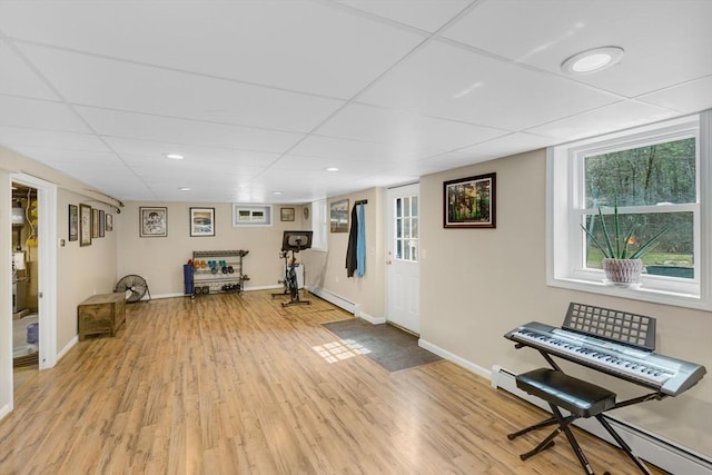 331 Townsend Rd, Groton, MA 01450 - exercise area featuring baseboard heating, light wood-style floors, a paneled ceiling, plenty of natural light, and recessed lighting