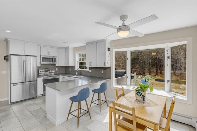 331 Townsend Rd, Groton, MA 01450 - kitchen featuring stainless steel appliances, a baseboard radiator, a peninsula, backsplash, and white cabinetry