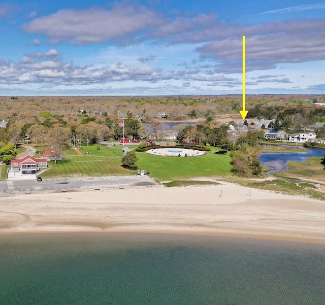 bird's eye view with a view of the beach and a water view