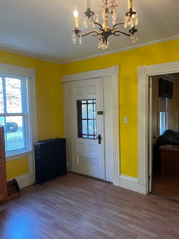 foyer featuring a chandelier, radiator heating unit, wood-type flooring, and crown molding