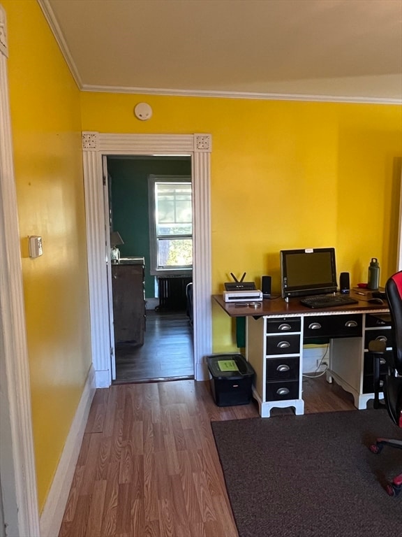 home office featuring hardwood / wood-style flooring and crown molding