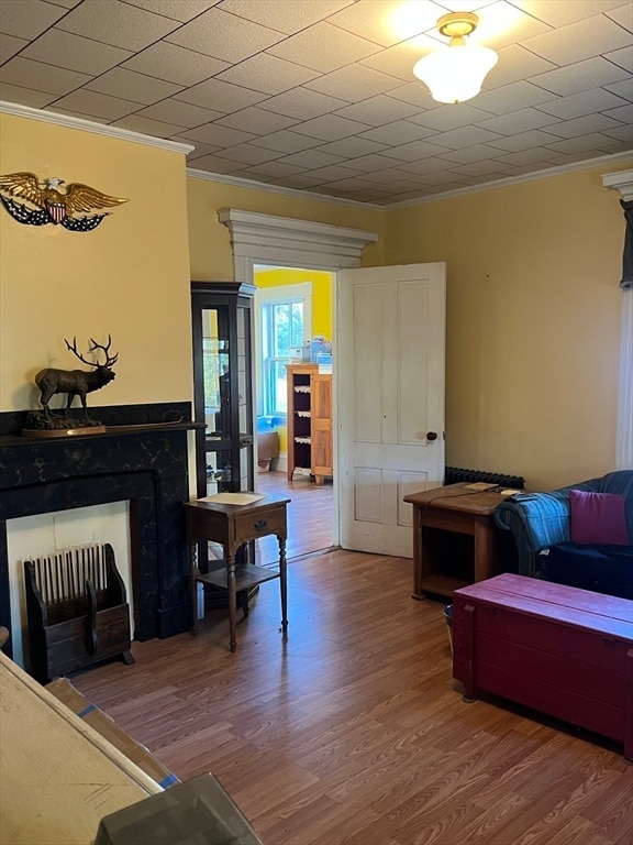 living room featuring hardwood / wood-style flooring and crown molding