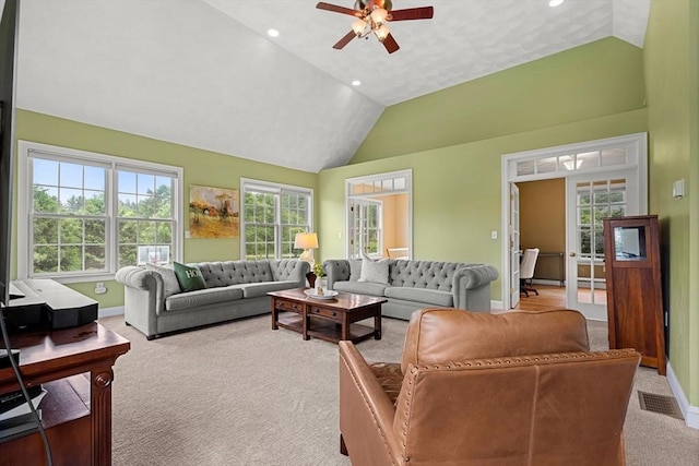 160 Wharton Row, Groton, MA 01450 - carpeted living room with a ceiling fan, vaulted ceiling, and recessed lighting