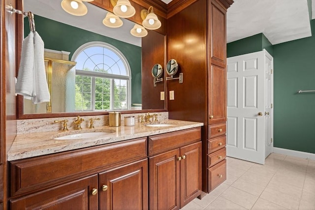 160 Wharton Row, Groton, MA 01450 - full bathroom with double vanity, tile patterned floors, and a shower stall