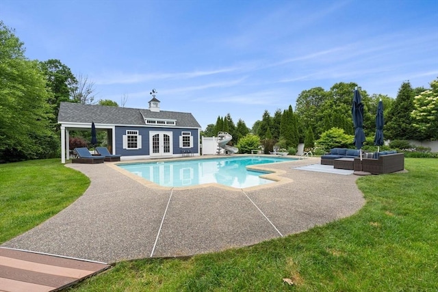 160 Wharton Row, Groton, MA 01450 - outdoor pool featuring an outdoor hangout area, an exterior structure, a patio area, and a yard