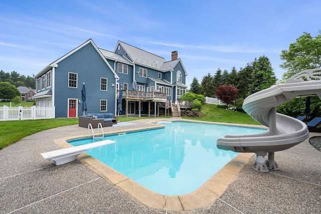 160 Wharton Row, Groton, MA 01450 - view of pool featuring a water slide, an outdoor living space, a diving board, a deck, and a patio
