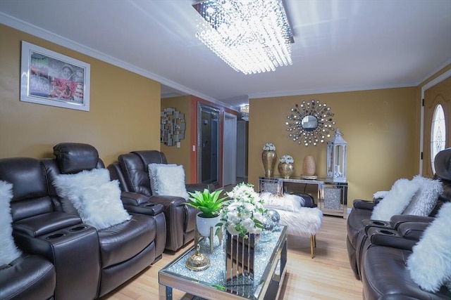 interior space with a notable chandelier, crown molding, and light wood finished floors