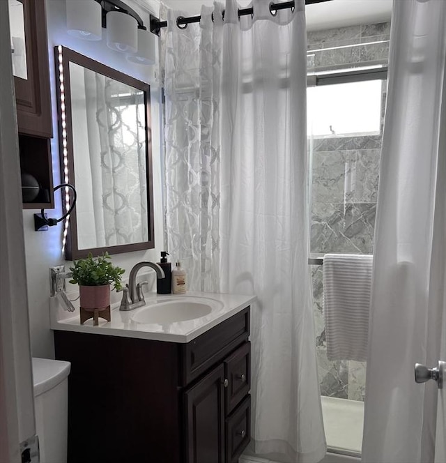 full bathroom featuring toilet, a stall shower, and vanity