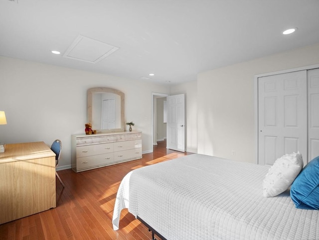 72 Sherwood Dr Unit 72, Methuen, MA 01844 - bedroom featuring a closet, wood finished floors, attic access, and recessed lighting