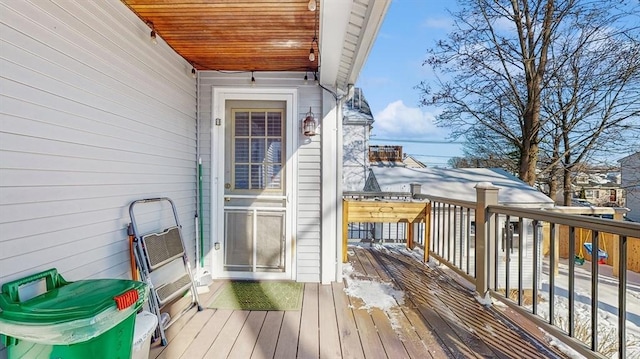 view of snow covered deck