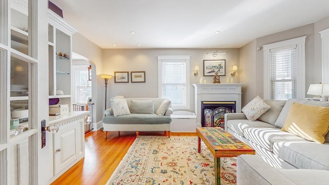 living room with a wealth of natural light and light wood-type flooring