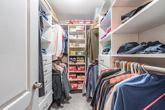 walk in closet with carpet