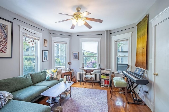 49-51 Fairmount Ave, Somerville, MA 02144 - living room with radiator, wood finished floors, and ceiling fan