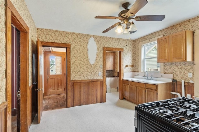 49-51 Fairmount Ave, Somerville, MA 02144 - kitchen with wallpapered walls, wainscoting, a sink, a ceiling fan, and light countertops