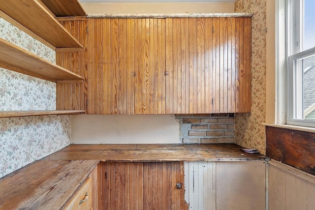 49-51 Fairmount Ave, Somerville, MA 02144 - kitchen with open shelves and wallpapered walls