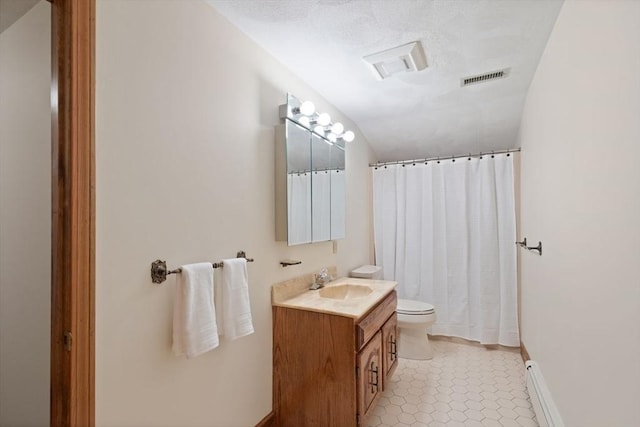 bathroom with vanity, visible vents, a textured ceiling, toilet, and baseboard heating