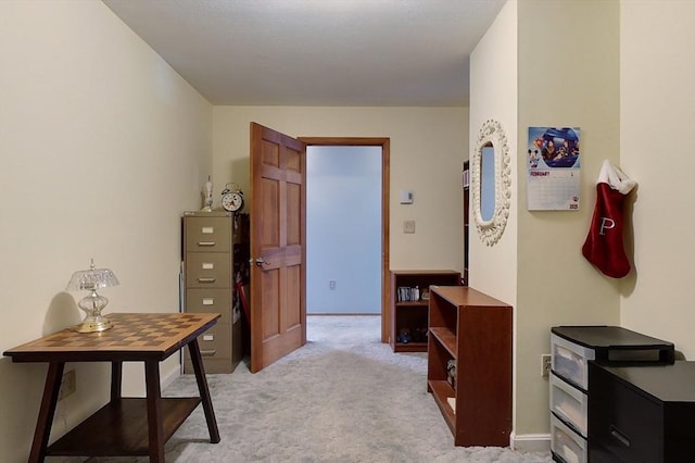 interior space featuring light colored carpet