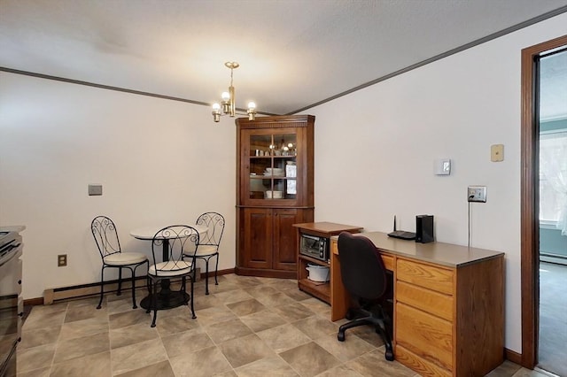 office featuring baseboards, ornamental molding, baseboard heating, and a notable chandelier