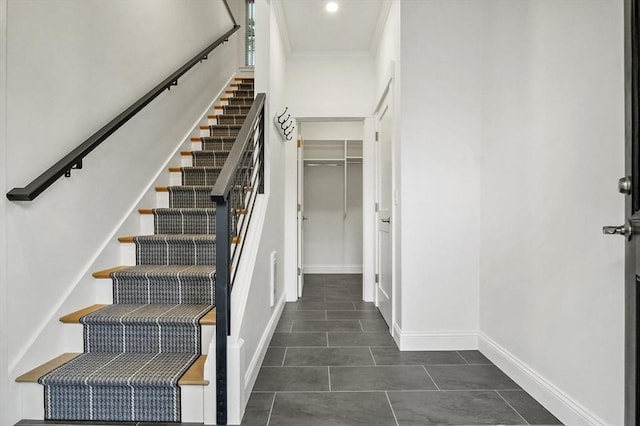 140 Main St Unit E, Amesbury, MA 01913 - staircase with baseboards, tile patterned floors, and ornamental molding