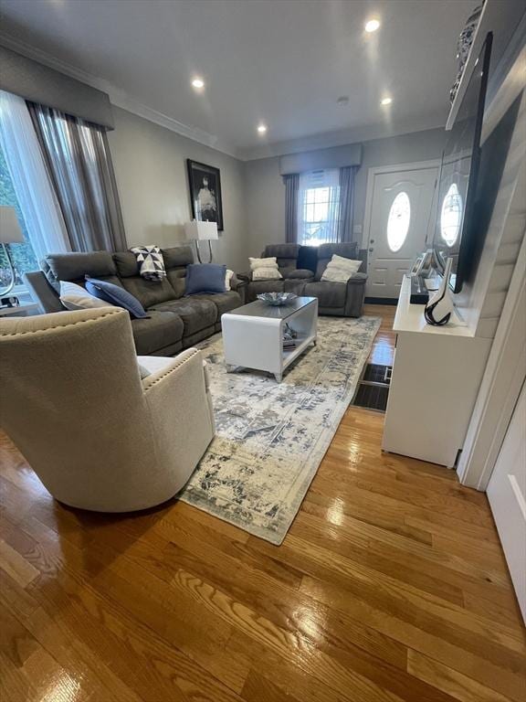 15 Bates Rd, Framingham, MA 01702 - living area featuring recessed lighting, crown molding, and wood finished floors