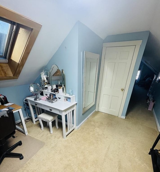15 Bates Rd, Framingham, MA 01702 - home office featuring carpet flooring, vaulted ceiling, and baseboards
