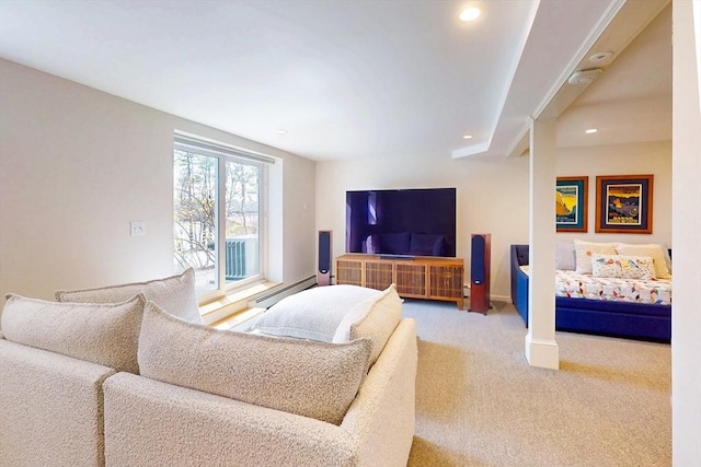living area with carpet, recessed lighting, baseboard heating, and baseboards