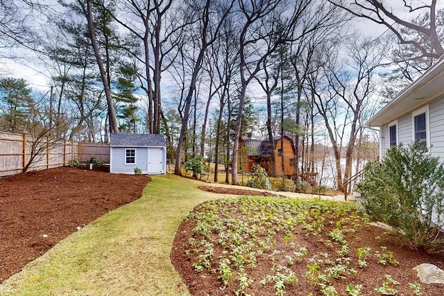 view of yard with an outdoor structure and a fenced backyard