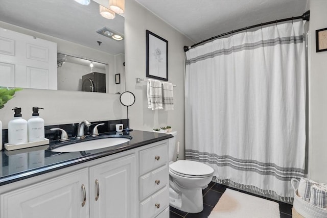 bathroom with tile patterned floors, toilet, a shower with shower curtain, and vanity