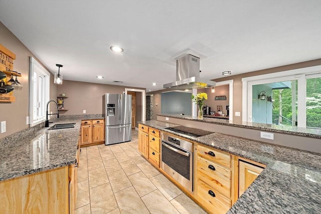 28-R Pammys Path, Easton, MA 02356 - kitchen with stainless steel appliances, ventilation hood, dark stone countertops, light brown cabinetry, and recessed lighting