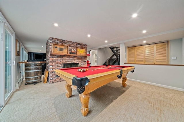 28-R Pammys Path, Easton, MA 02356 - rec room featuring a brick fireplace, carpet, billiards table, recessed lighting, and a baseboard radiator