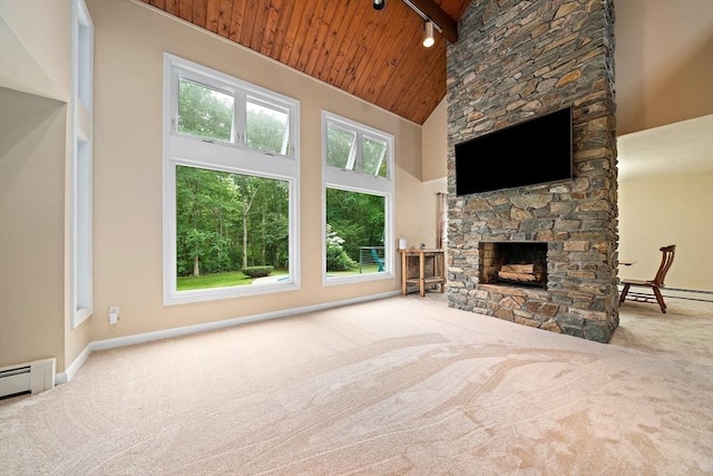 28-R Pammys Path, Easton, MA 02356 - unfurnished living room featuring wooden ceiling, carpet floors, track lighting, high vaulted ceiling, and a stone fireplace