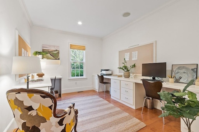 home office with visible vents, crown molding, baseboards, recessed lighting, and light wood-style floors