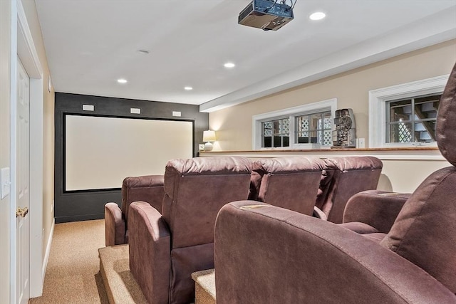 home theater room with recessed lighting and carpet