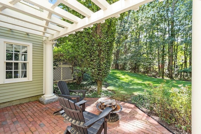 view of patio / terrace featuring a fire pit and a pergola