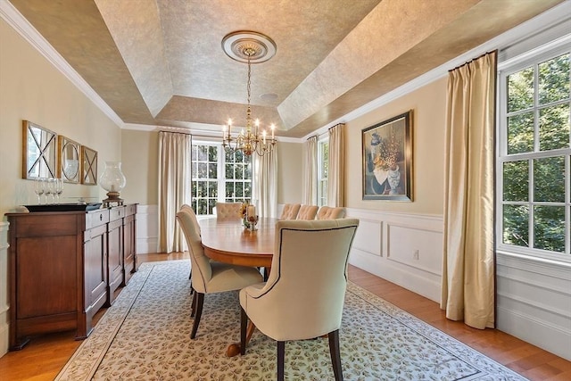 dining room with a raised ceiling, a decorative wall, plenty of natural light, and light wood finished floors