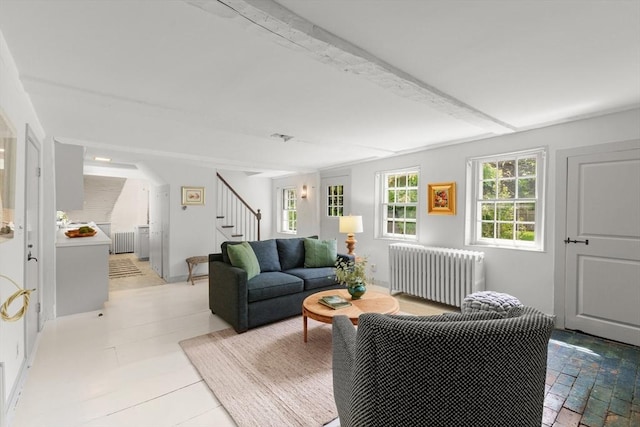 120 Court St, Dedham, MA 02026 - living room featuring radiator and stairs