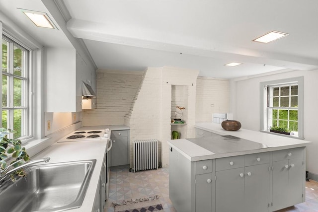 120 Court St, Dedham, MA 02026 - kitchen featuring radiator, gray cabinetry, a sink, a kitchen island, and light countertops