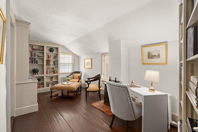 120 Court St, Dedham, MA 02026 - home office featuring wood-type flooring, vaulted ceiling, baseboards, and built in features