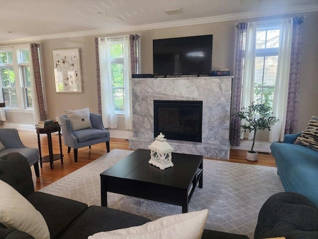 living room with wood-type flooring, crown molding, and a premium fireplace